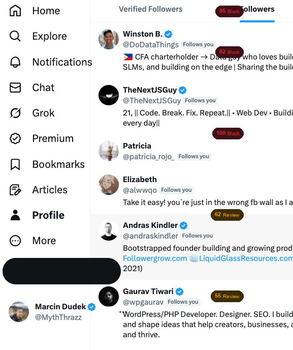 Follower list with bot score badges showing 100 Block, 55 Review, and Blocked states inline