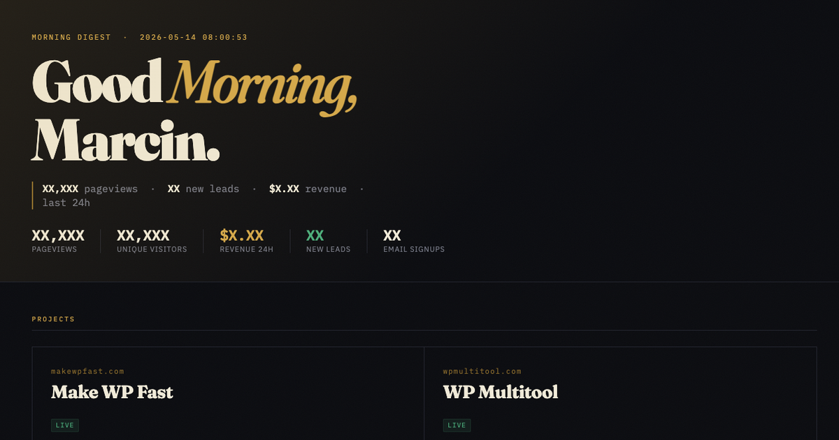 Morning digest dashboard - masthead and the start of the per-project grid, with KPI numbers mocked as XX,XXX