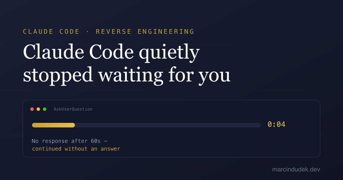 A stalled progress bar labelled AskUserQuestion with a 60-second countdown ticking toward zero, the moment Claude Code stops waiting for a human answer and proceeds on its own - Claude Code AFK mode