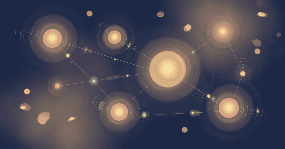 Abstract series cover: several small softly glowing orbs in a loose constellation on deep navy, linked by faint gold threads, with one larger calm glow among them and soft sound-wave ripples spreading outward - parallel sessions quietly aware of each other
