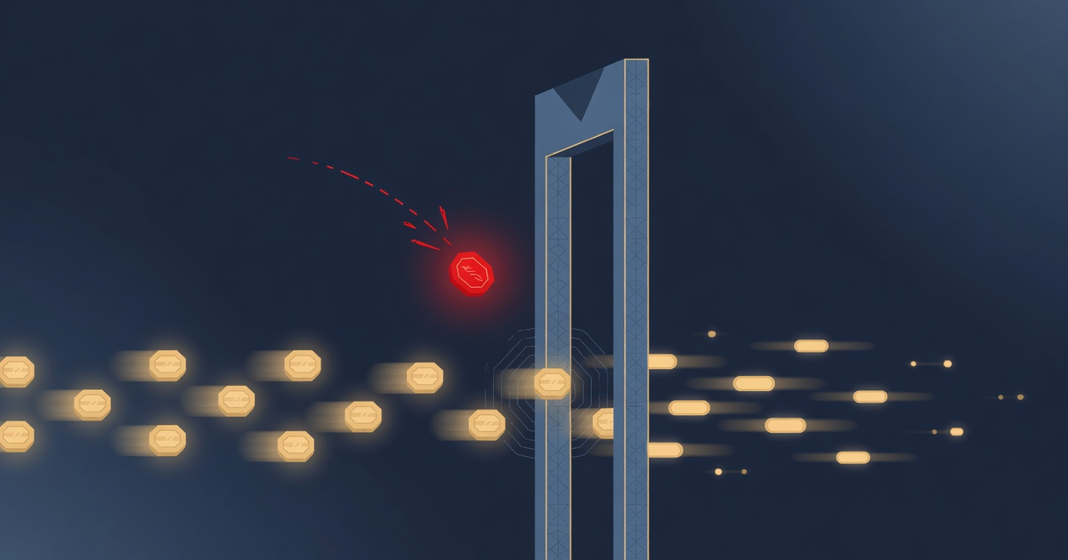 Abstract series cover: a stream of luminous tokens flowing toward a gate, where one dangerous token is deflected while the rest pass - a PreToolUse guardrail intercepting a command before it runs