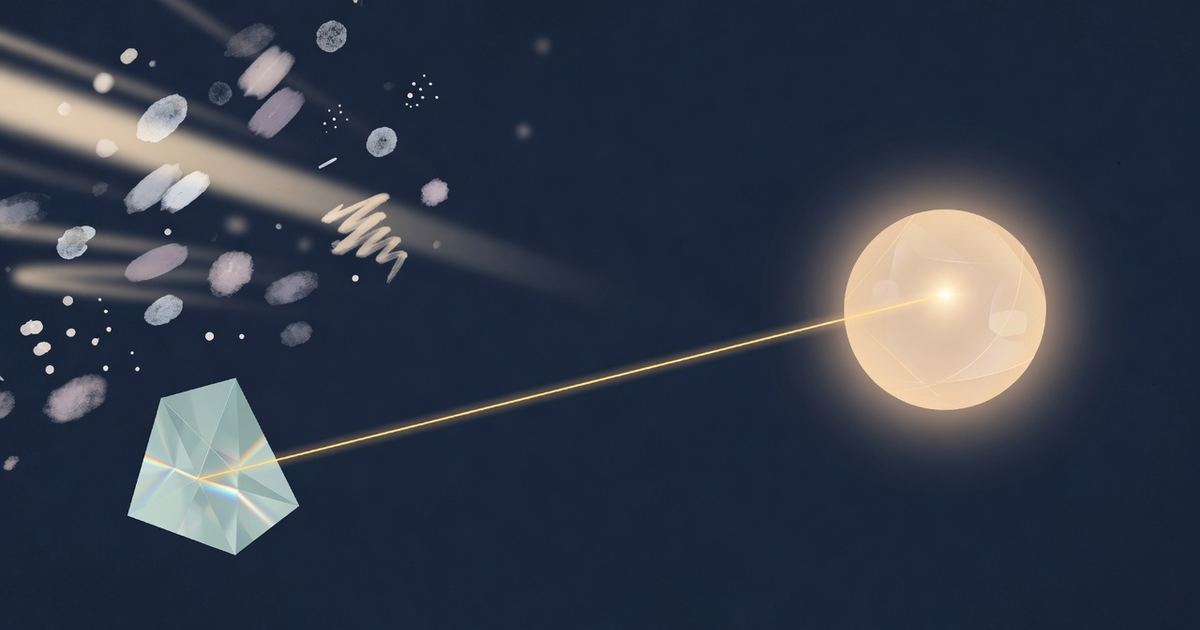 Abstract series cover: a small faceted lens catches a scattered, blurry beam of light and focuses it into one clean sharp ray before it reaches a larger glowing form - a small local model sharpening a vague prompt before it reaches Claude