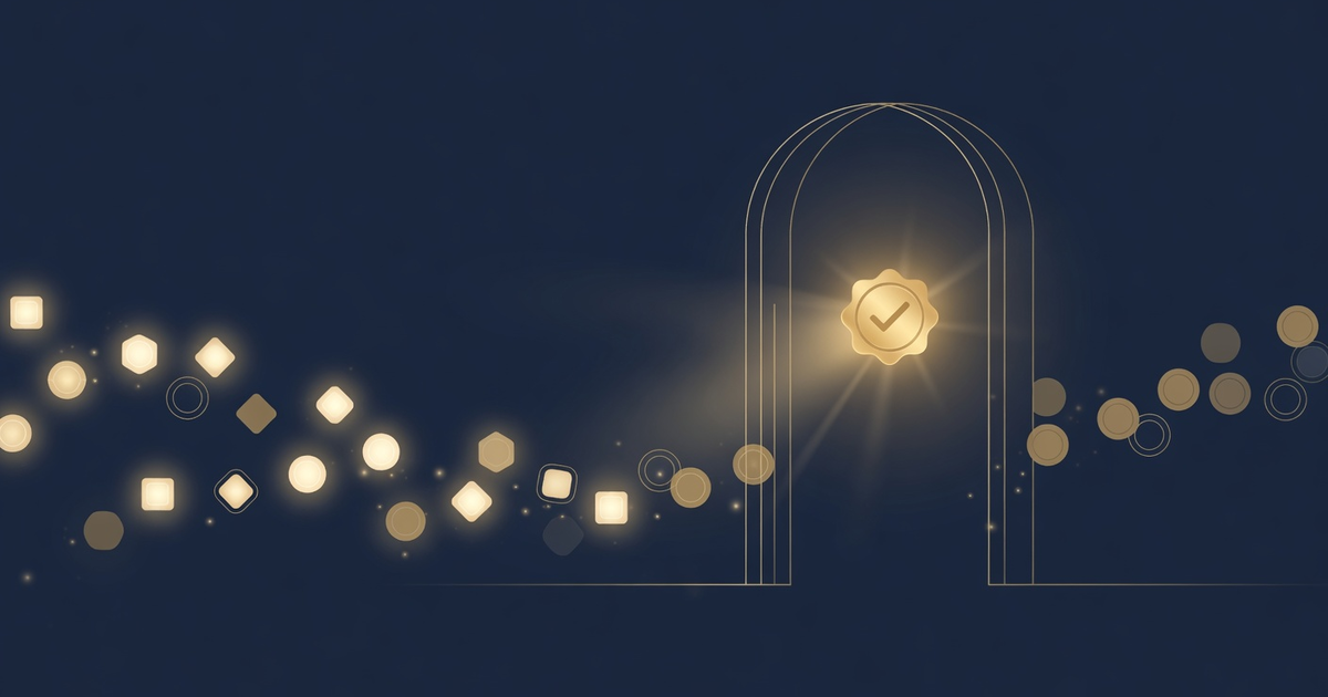 Abstract series cover: a stream of luminous tokens reaching a gate stamped with a glowing checkmark of proof, where work without evidence is held back and only verified work passes through - a Stop hook guarding the exit