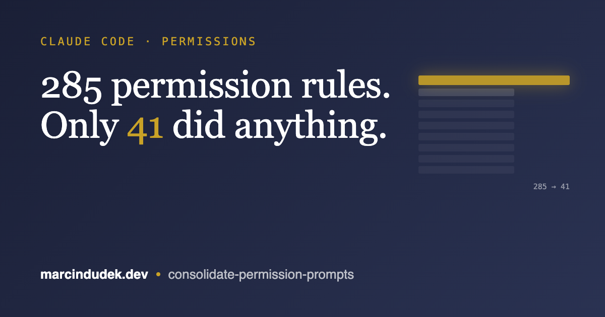 A tall stack of 285 narrow Claude Code permission rules collapsing down to 41, with one broad wildcard at the top making the rest redundant - consolidate-permission-prompts