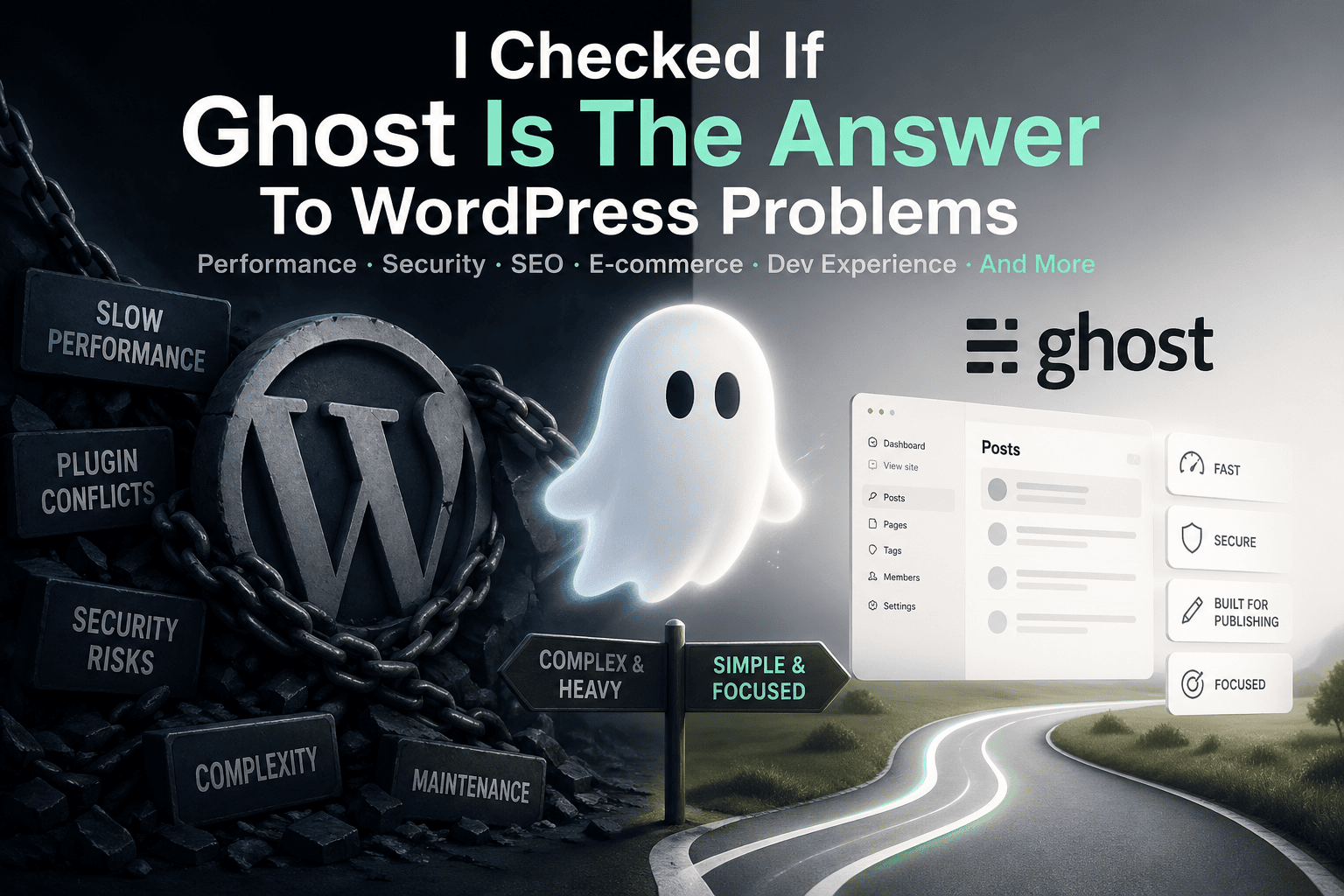 I Checked If Ghost Is The Answer To WordPress Problems — comparison graphic showing WordPress chains vs Ghost clean road