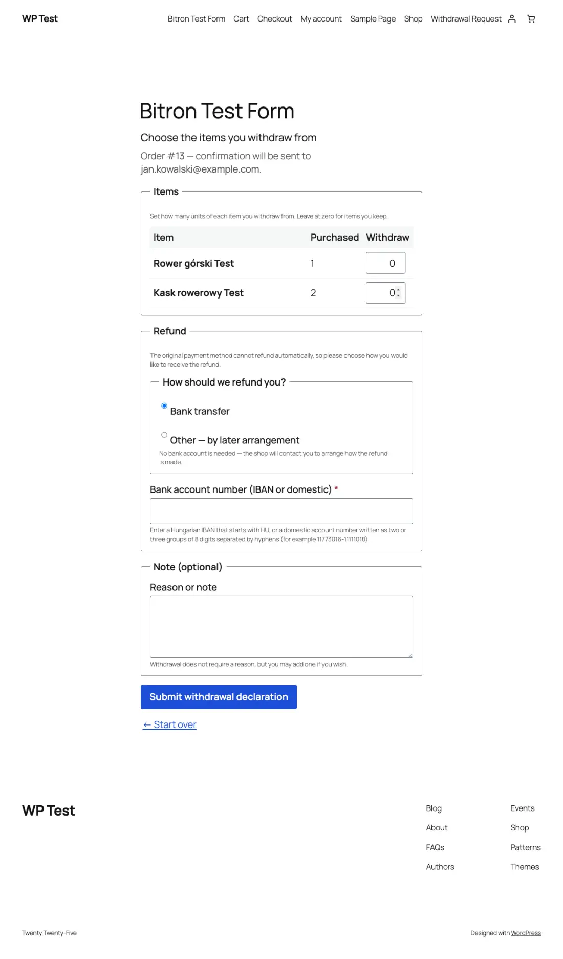 Bitron logged-in withdrawal form showing a multi-step flow with an items step and quantity-level per-item partial selection