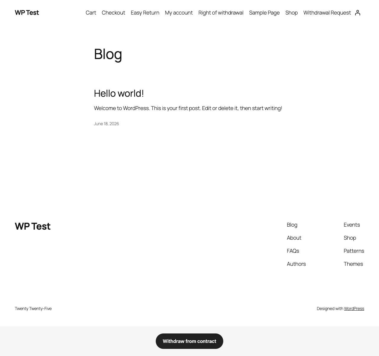 Easy Return sticky Withdraw from contract footer button shown site-wide on the storefront after enabling the Injections footer-button setting