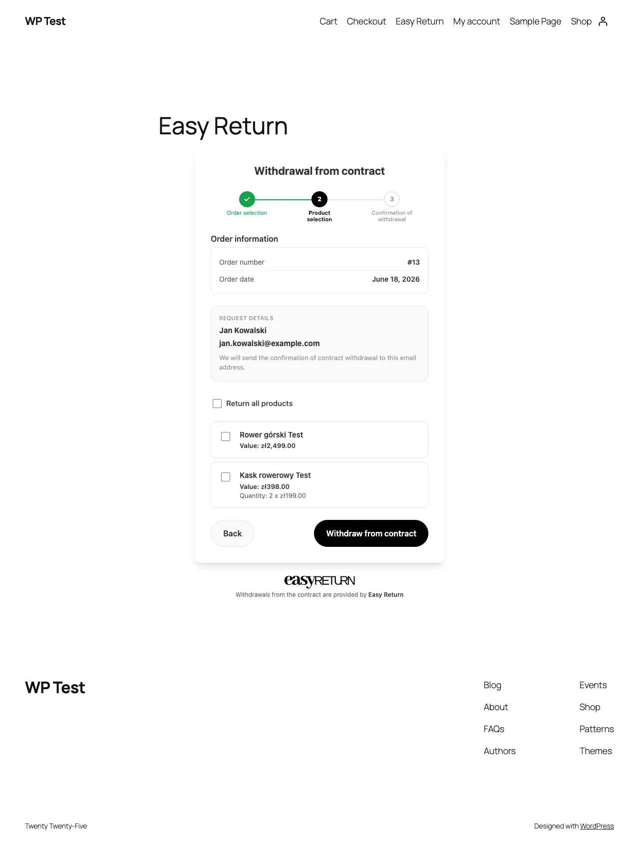 Easy Return step 2 wizard with per-item partial selection, shipping Polish out of the box