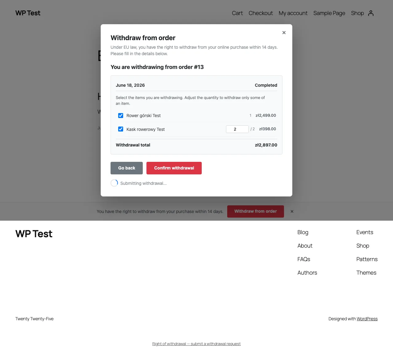 Two-step withdrawal modal showing order #13 recovered as guest, per-item checkboxes with editable quantity and a live withdrawal total