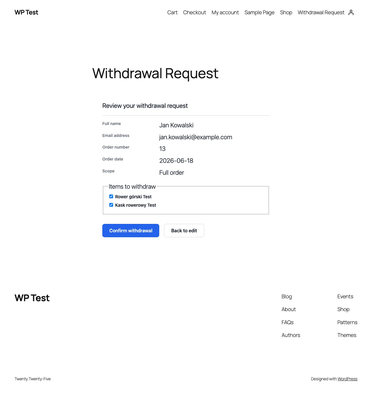 Withdrawal EU Law review step showing order recovered as guest with per-item Items to withdraw checkboxes for structured partial selection