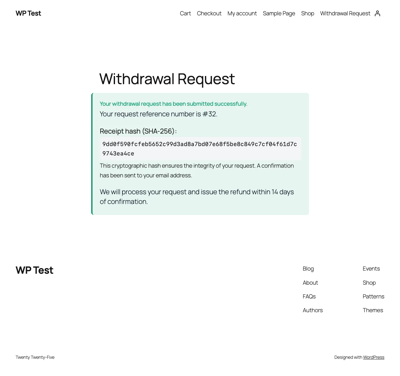 Withdrawal EU Law success screen showing the request reference number and a SHA-256 receipt hash for integrity