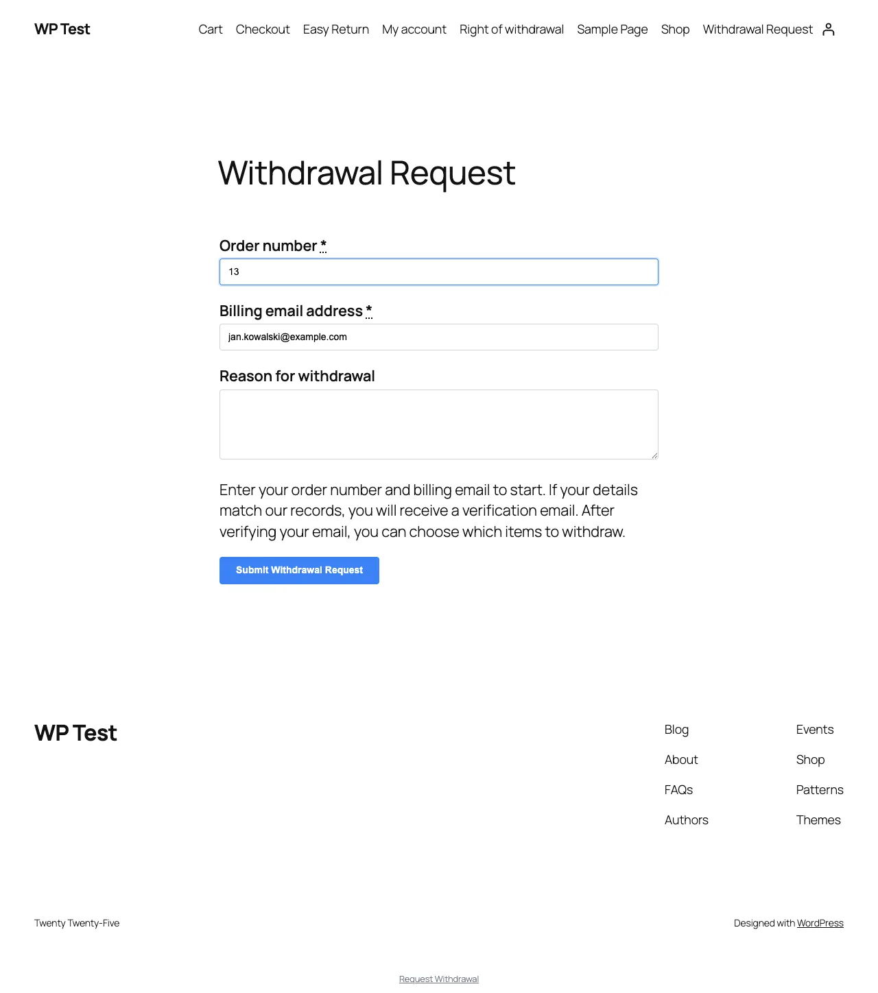 WebToffee guest withdrawal form asking for order number and billing email, with help text promising item selection after email verification