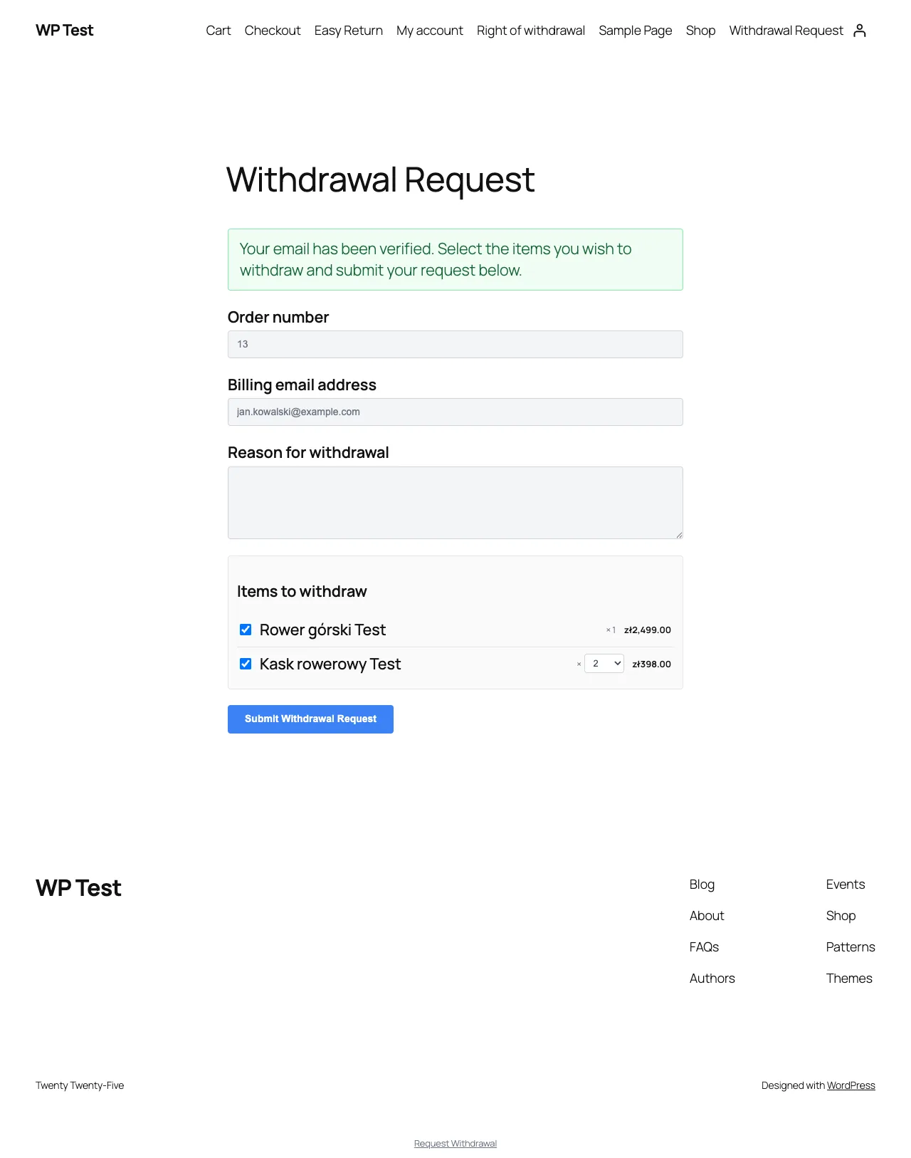 WebToffee guest item-selection step after email verification, with per-item checkboxes and a quantity selector, no login required