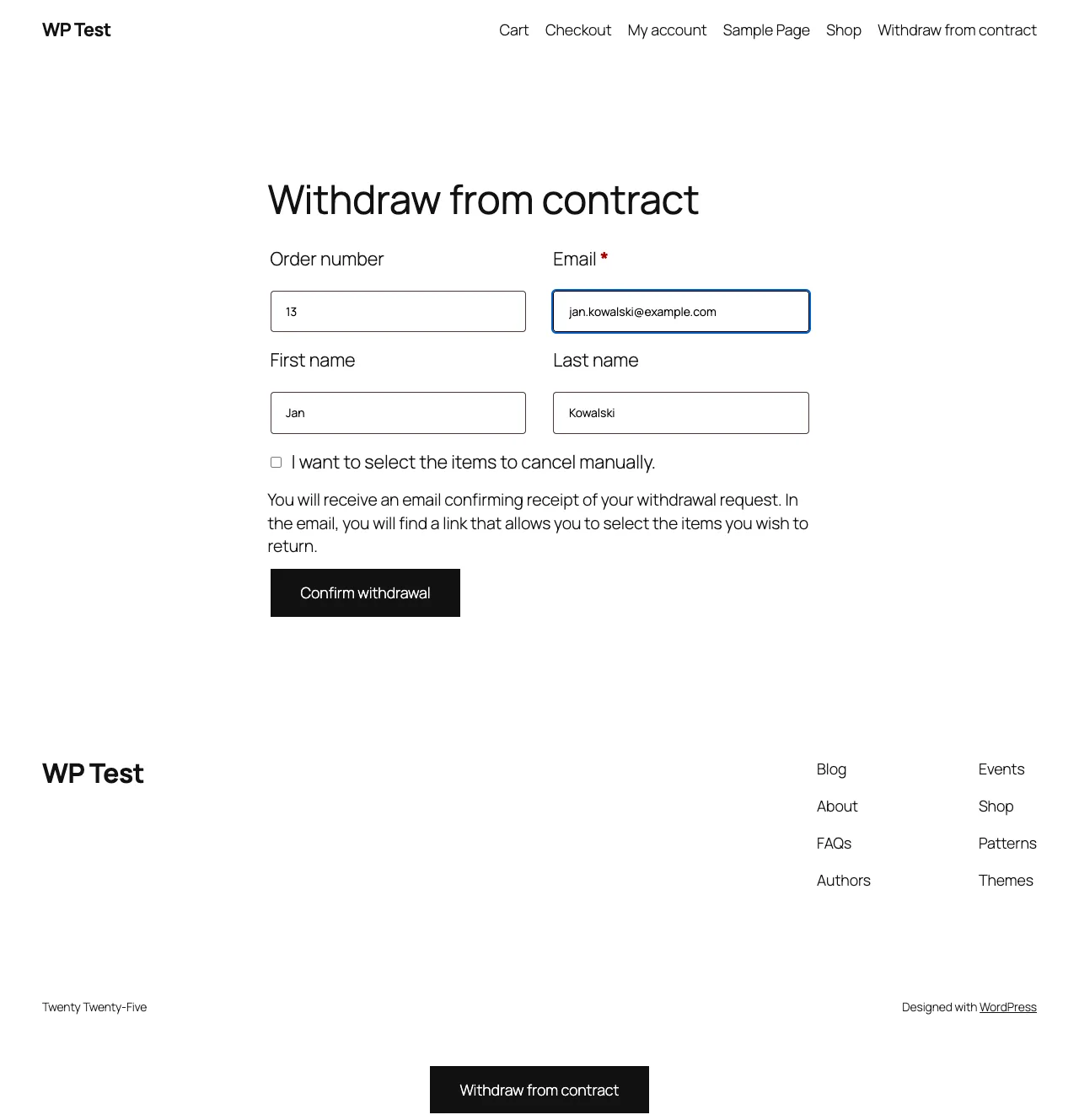 Guest withdrawal form with only Email required, plus the site-wide sticky Withdraw from contract button at the bottom