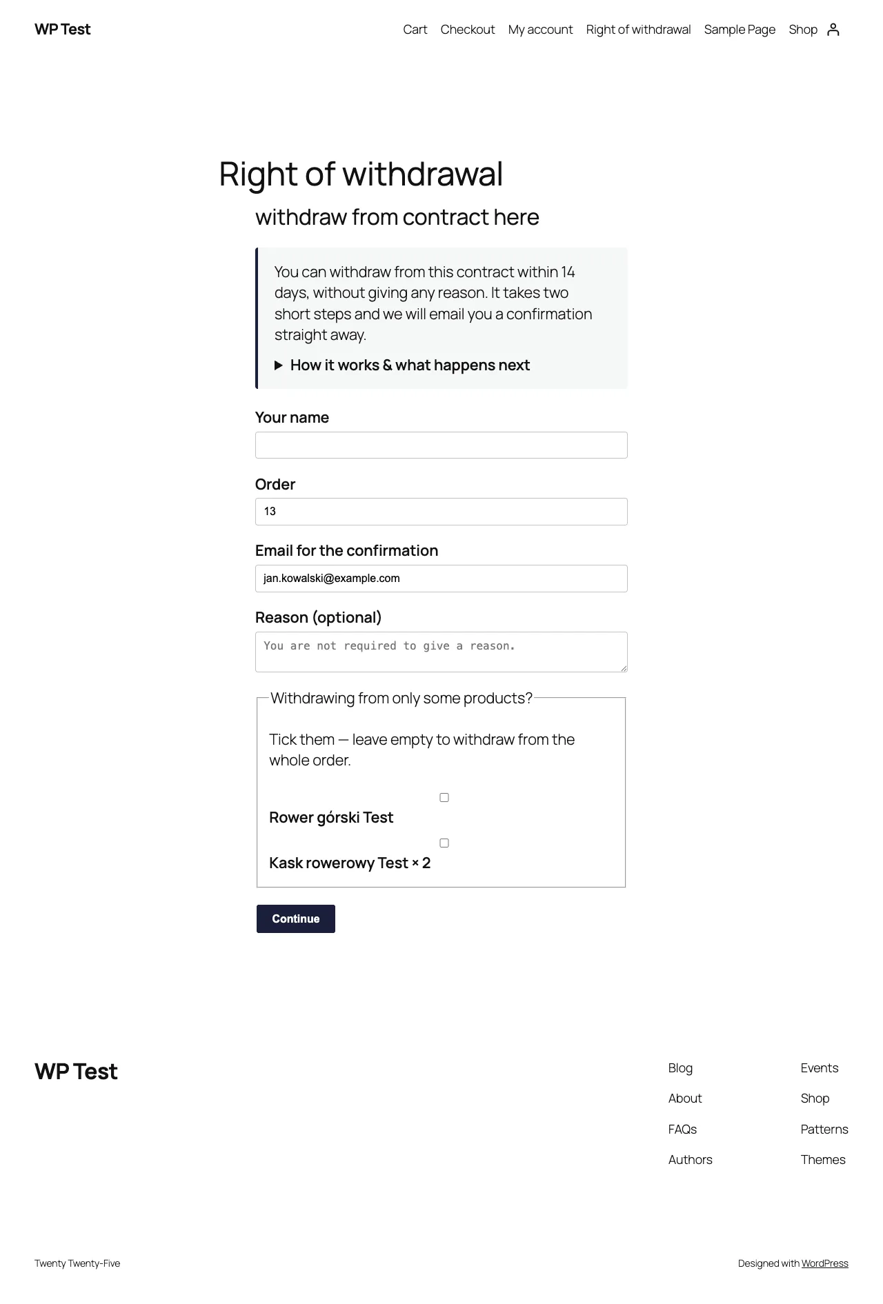 WWU withdrawal form step 2 with withdraw from contract here heading, optional reason and per-item partial selection