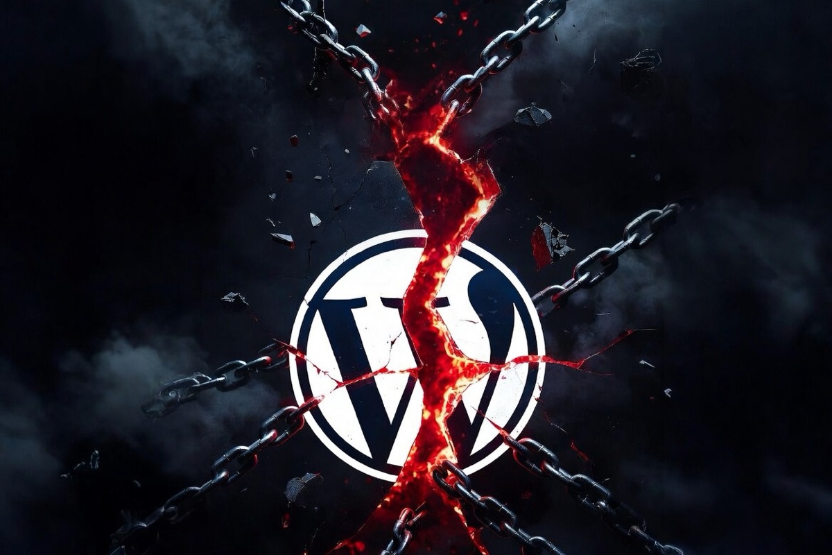 WordPress logo cracked open with fire and broken chains around it