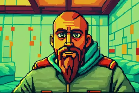 Marcin Dudek selfie repainted as 8bit game character