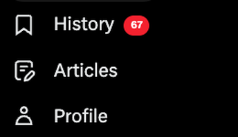 X sidebar showing the History nav item (formerly Bookmarks) with a red unvisited count badge